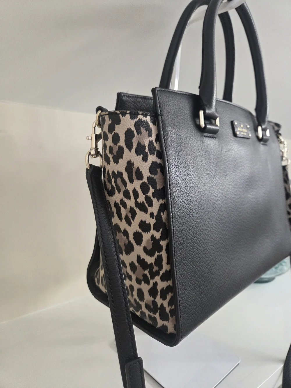 Kate Spade Black Leopard-Print Leather Satchel With Removeable Crossbody Strap